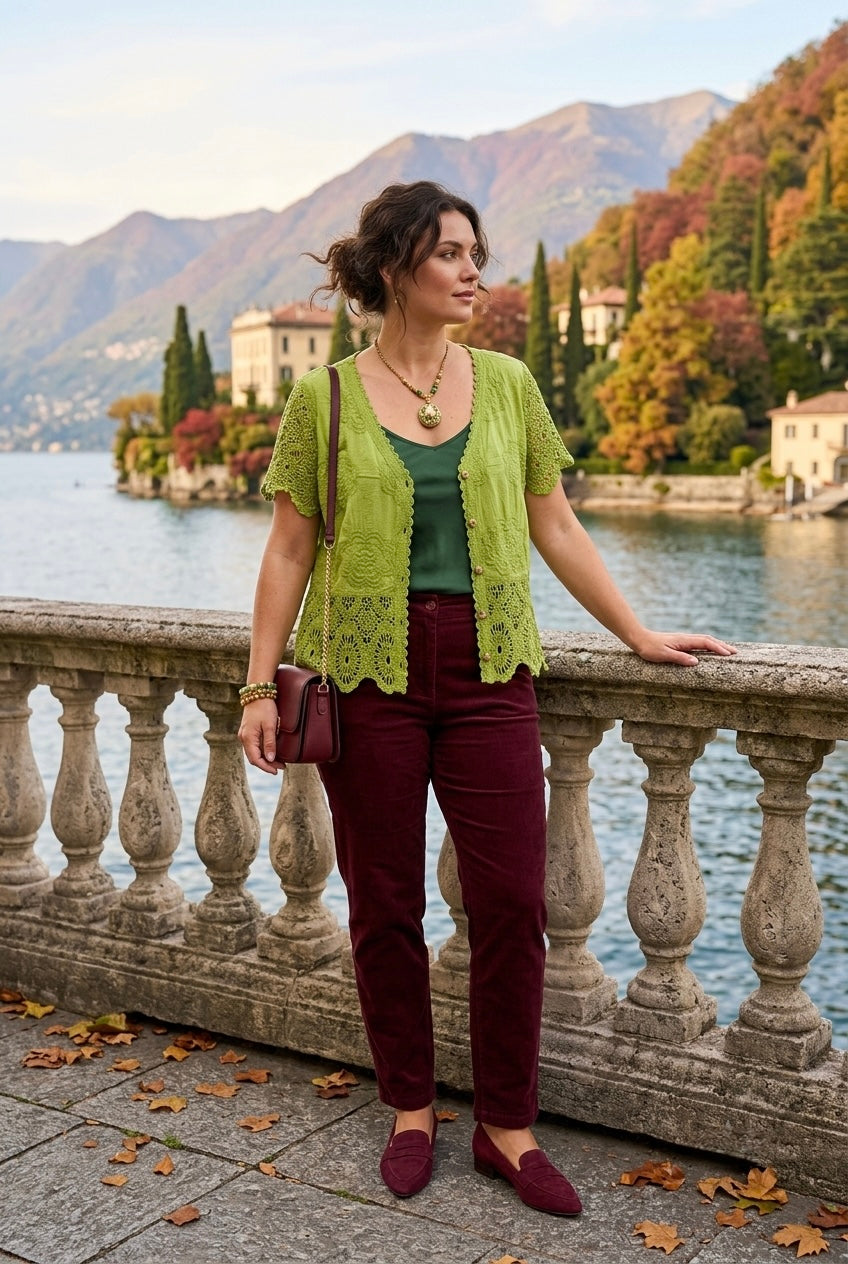 BRODERIE ANGLAISE V-NECK BUTTON DOWN TOP
