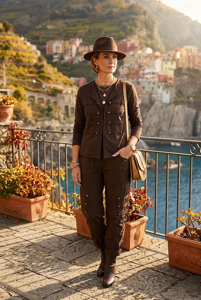 ELASTICATED MILITARY BUTTON DETAIL TROUSER