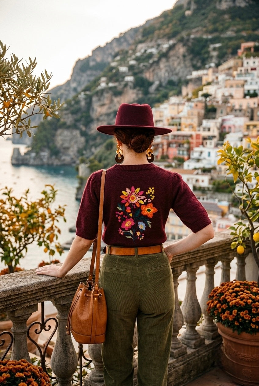PUFF SLEEVE FLORAL EMBROIDERED KNIT TOP