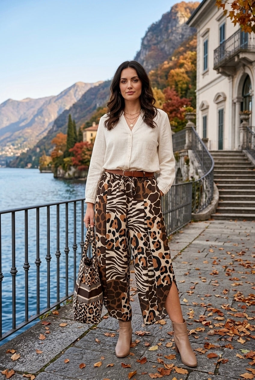 ANIMAL PRINT DRAWSTRING WIDE LEG SPLIT TROUSER
