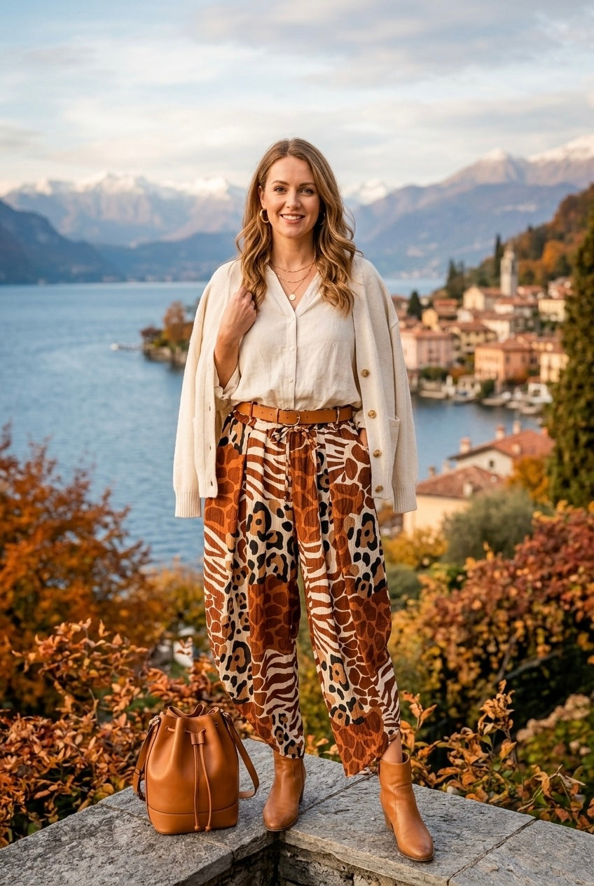 ANIMAL PRINT DRAWSTRING WIDE LEG SPLIT TROUSER