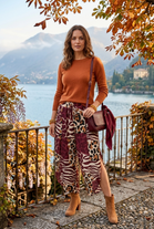 ANIMAL PRINT DRAWSTRING WIDE LEG SPLIT TROUSER