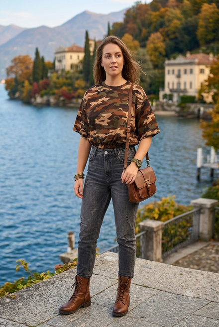 SHORT SLEEVE CAMOUFLAGE BUBBLE HEM SCUBA TOP
