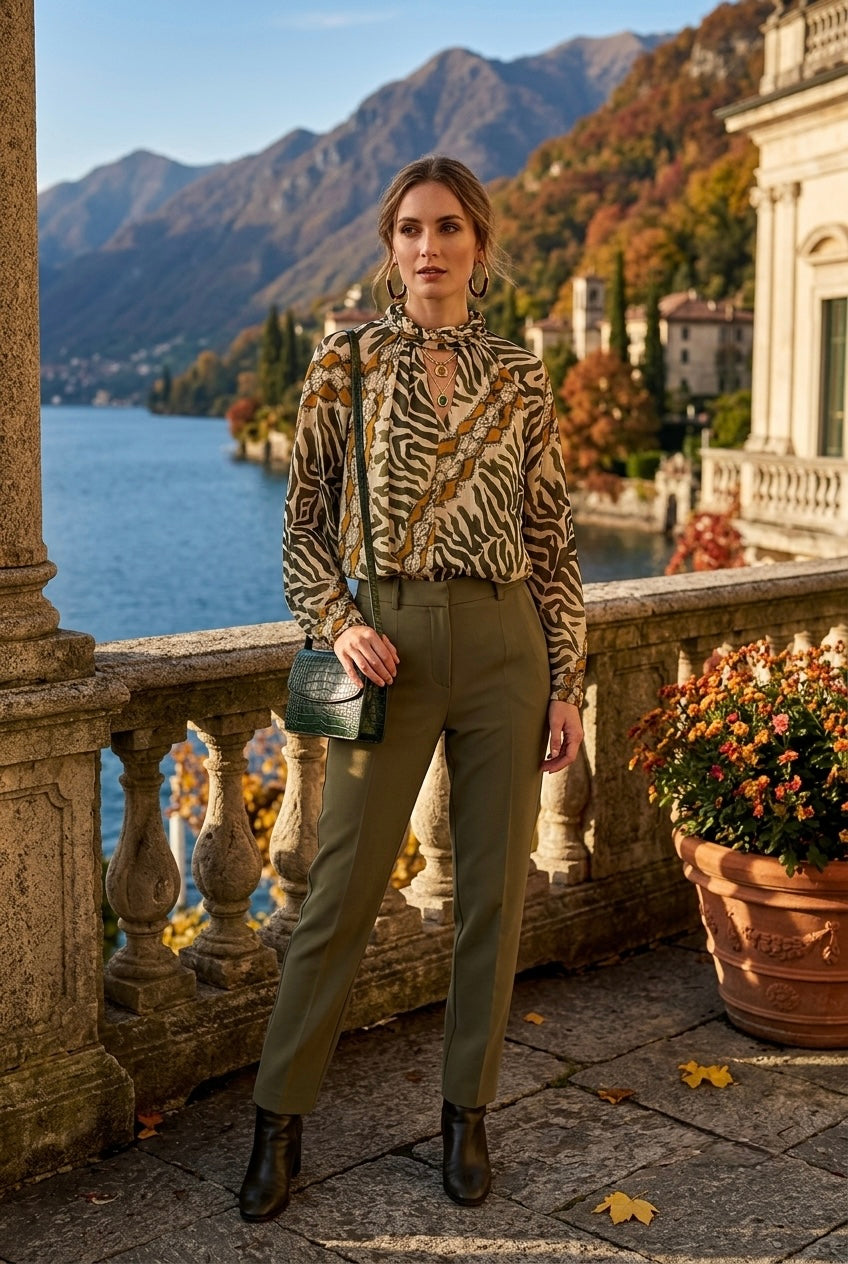 TWISTED HIGHNECK ANIMAL PRINT BLOUSE