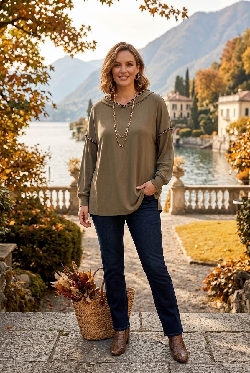 LEOPARD TRIM RELAXED HOODED TOP