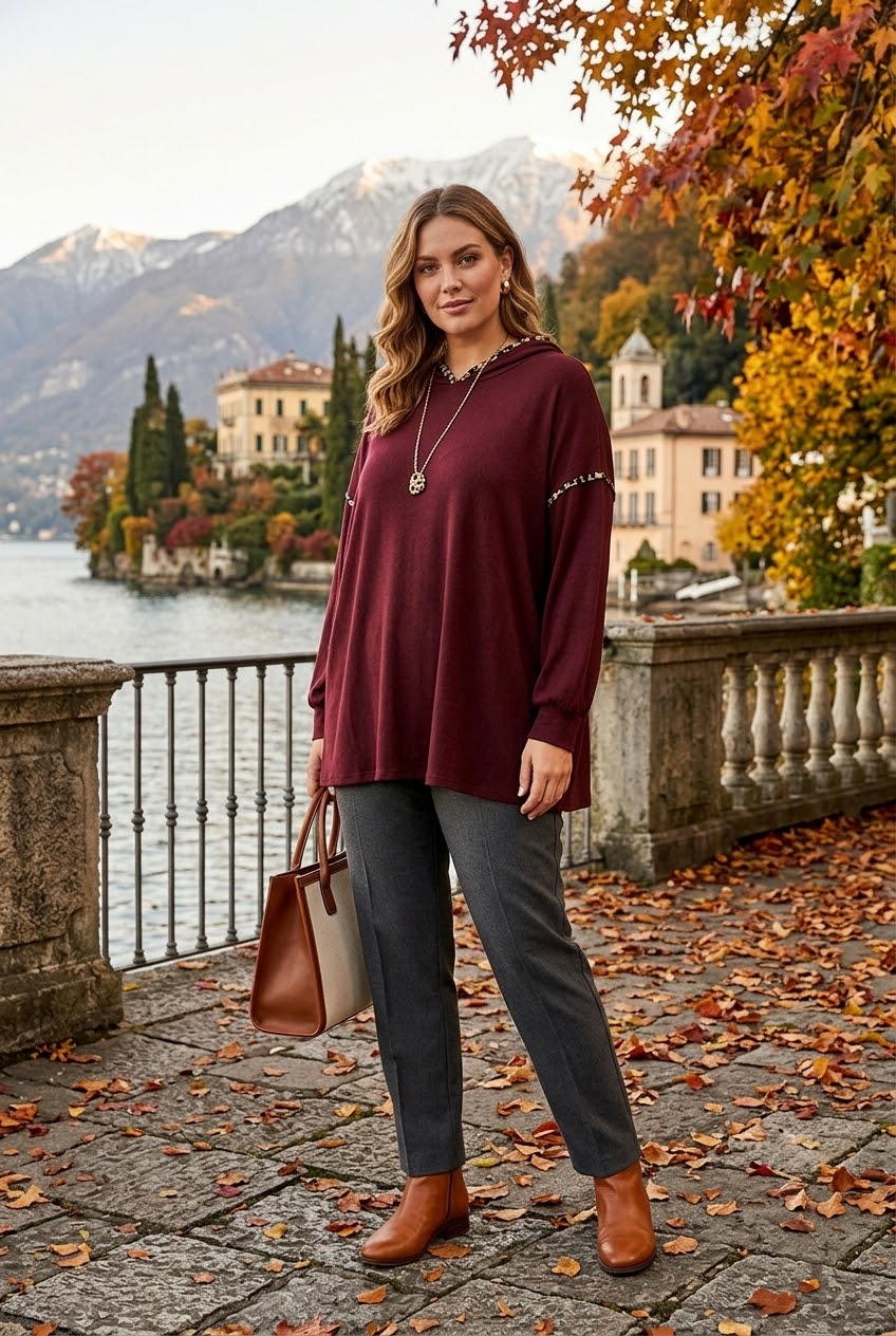 LEOPARD TRIM RELAXED HOODED TOP