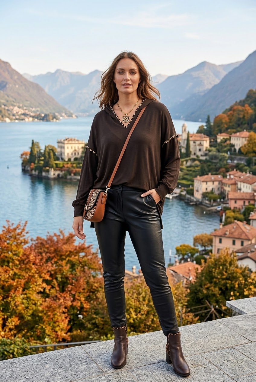 LEOPARD TRIM RELAXED HOODED TOP
