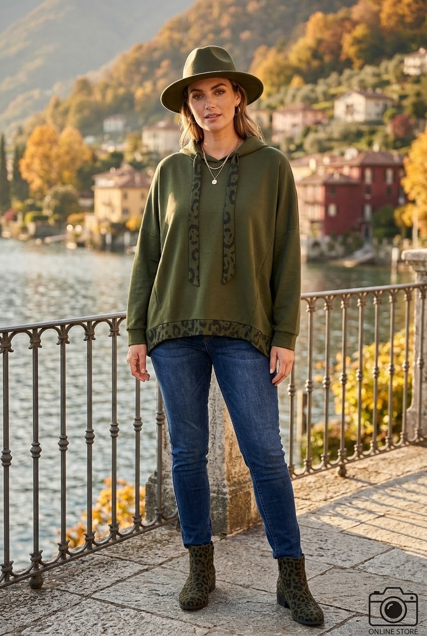 LEOPARD TRIM DRAWSTRING SWEAT HOODIE