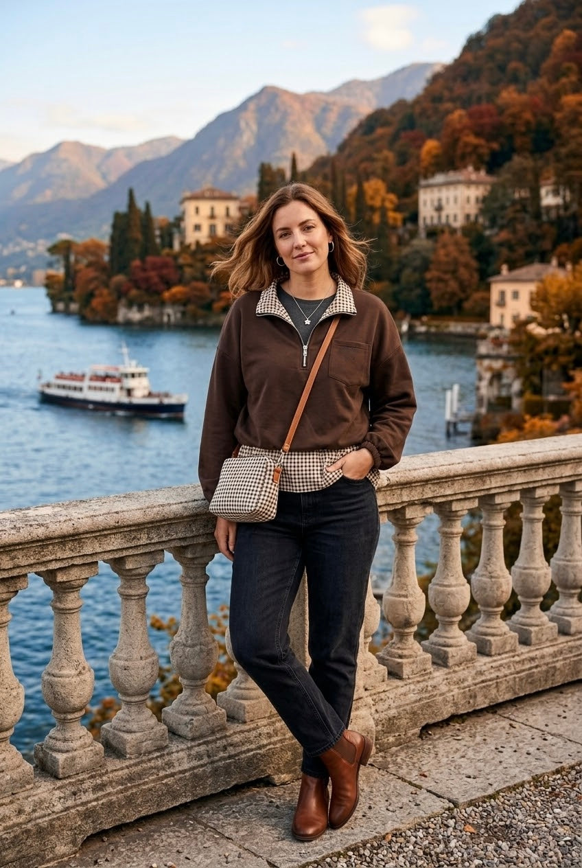 HALF-ZIP GINGHAM-TRIM 2-IN-1 SWEATSHIRT