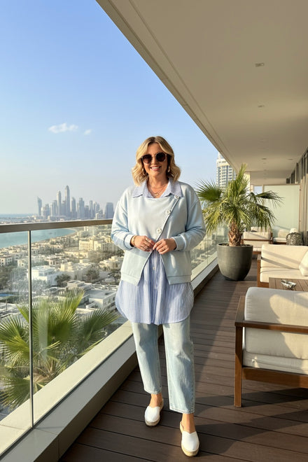 STRIPE SHIRT DETAIL SWEAT TOP