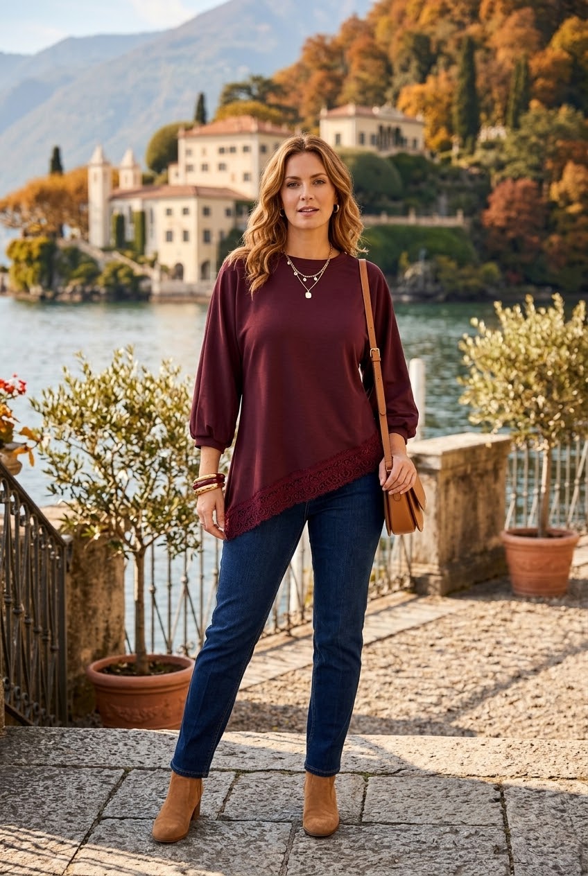 ASYMMETRICAL LACE TRIM BALLOON SLEEVE TOP