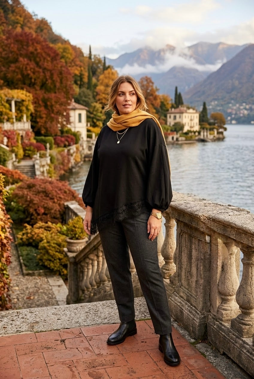 ASYMMETRICAL LACE TRIM BALLOON SLEEVE TOP