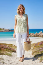METALLIC TRIMMED FRONT RUFFLE BLOUSE