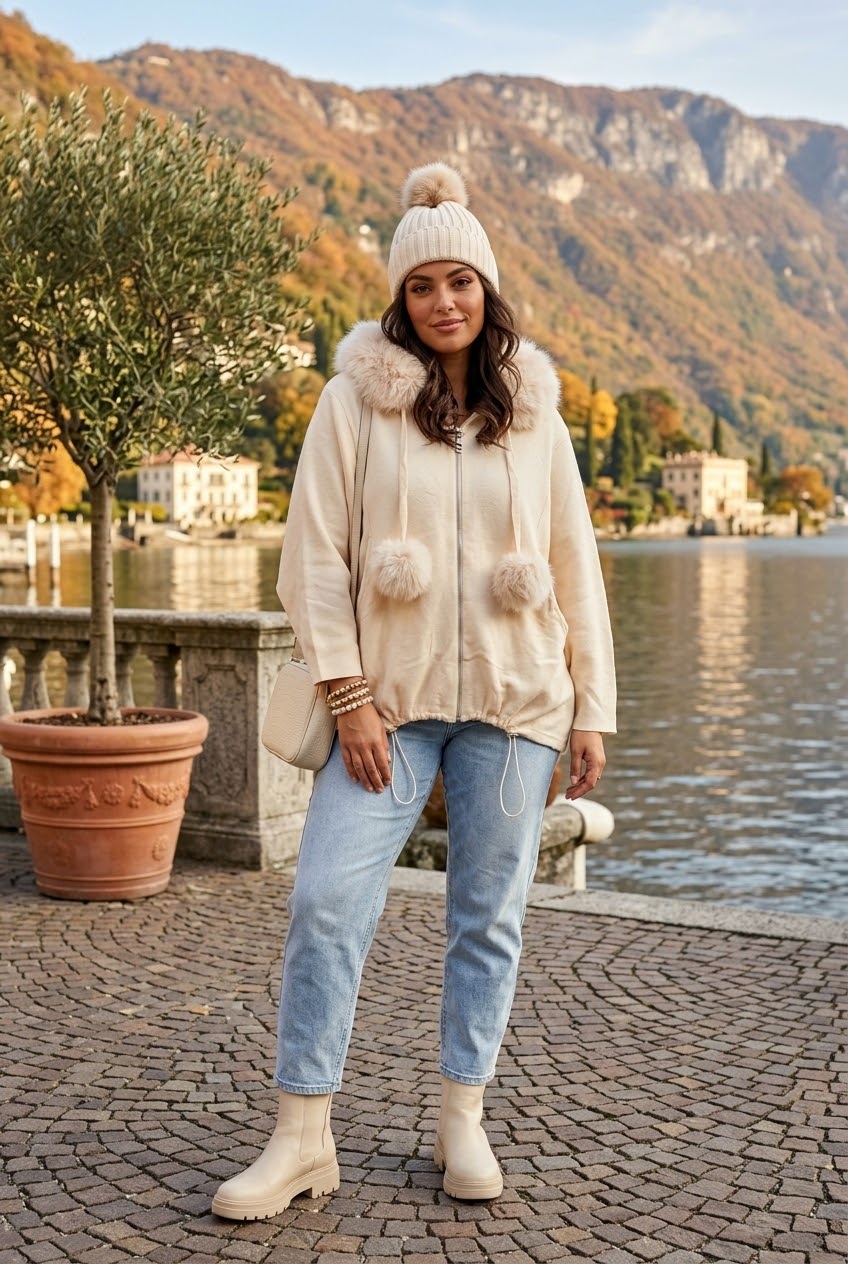 ADJUSTABLE SIDE DETAIL FUR-TRIMMED ZIP-UP HOODIE