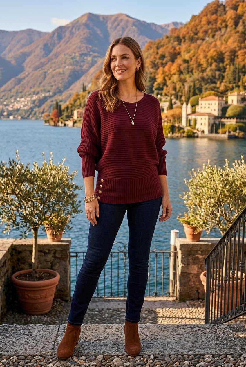 ADJUSTABLE BOTTOM GOLD BUTTON BATWING RIBBED JUMPER
