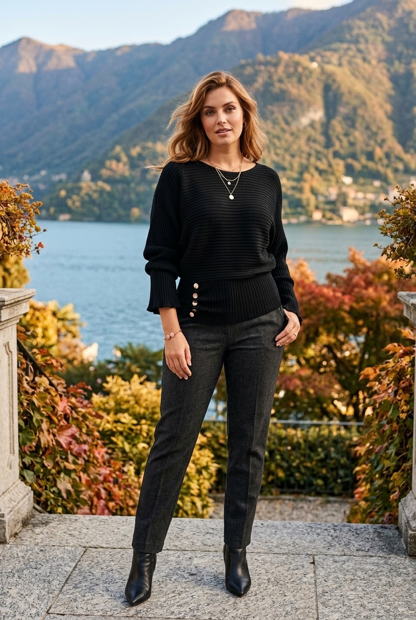 ADJUSTABLE BOTTOM GOLD BUTTON BATWING RIBBED JUMPER