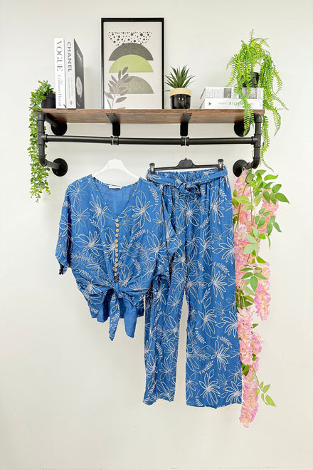 EMBROIDERED BUTTON TIE LOUNGE CO-ORD SET (15216801481088)