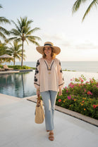 EMBROIDERY SLEEVE V-CUT STRIPE BLOUSE
