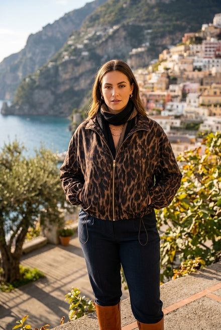 LEOPARD LINNED DRAWSTRING GOLD-ZIP JACKET