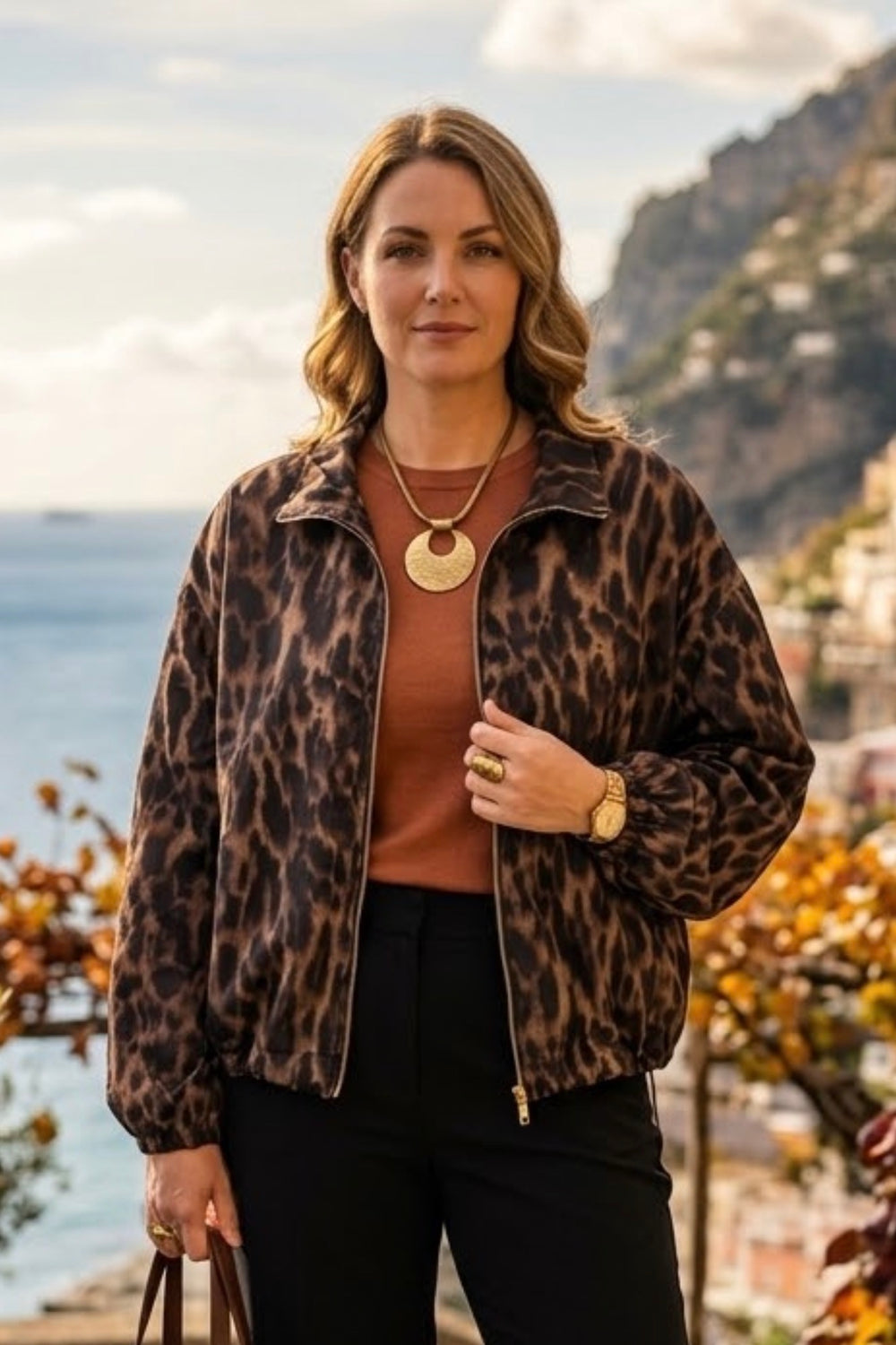 LEOPARD LINNED DRAWSTRING GOLD-ZIP JACKET