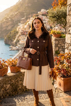 FAUX-FUR COLLAR BELTED GOLD BUTTON JUMPER