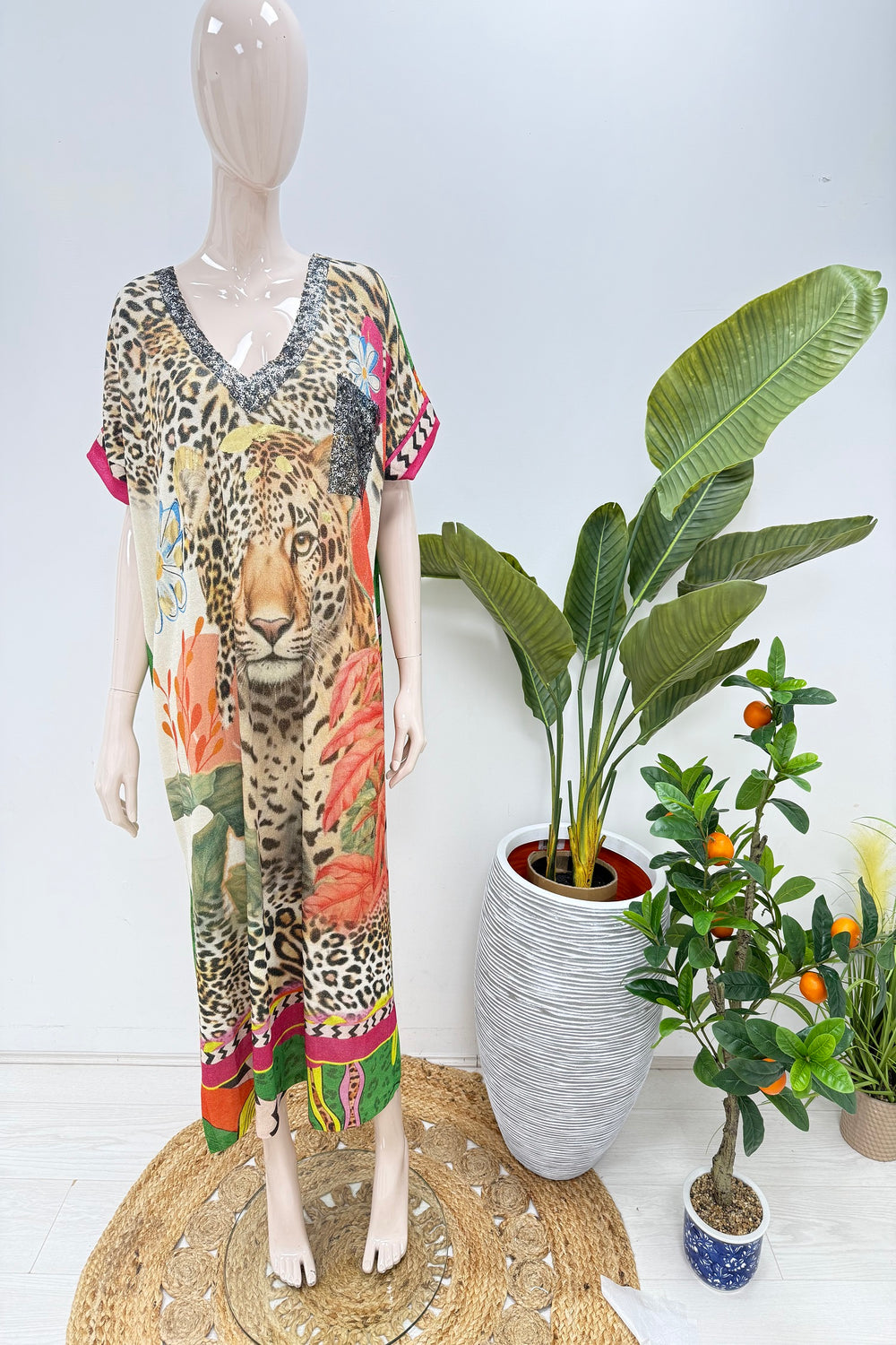 GLITTER V-NECK TROPICAL PRINT DRESS (15225060950400)