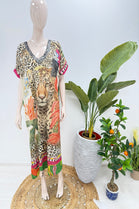 GLITTER V-NECK TROPICAL PRINT DRESS (15225060950400)