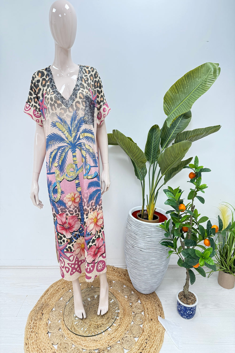 GLITTER V-NECK TROPICAL PRINT DRESS (15225071567232)