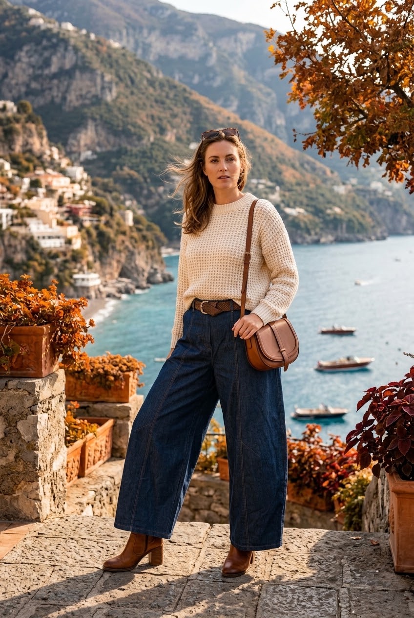 STRETCH DENIM BELTED BARREL TROUSER