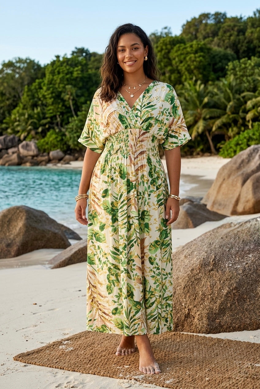 TROPICAL LEAF PRINT GATHERED MAXI(MIXED COLOUR PACK)