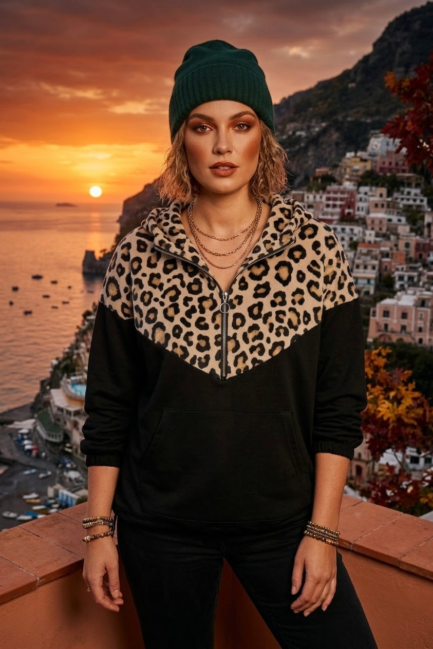 LEOPARD PRINT HALF-ZIP HOODIE