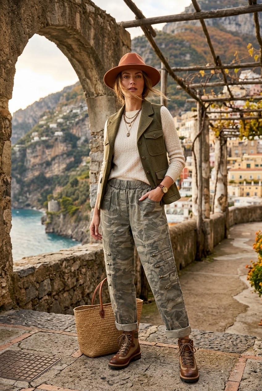 MAGIC STRETCH CAMOFLAUGE BUTTON DETAIL TROUSERS