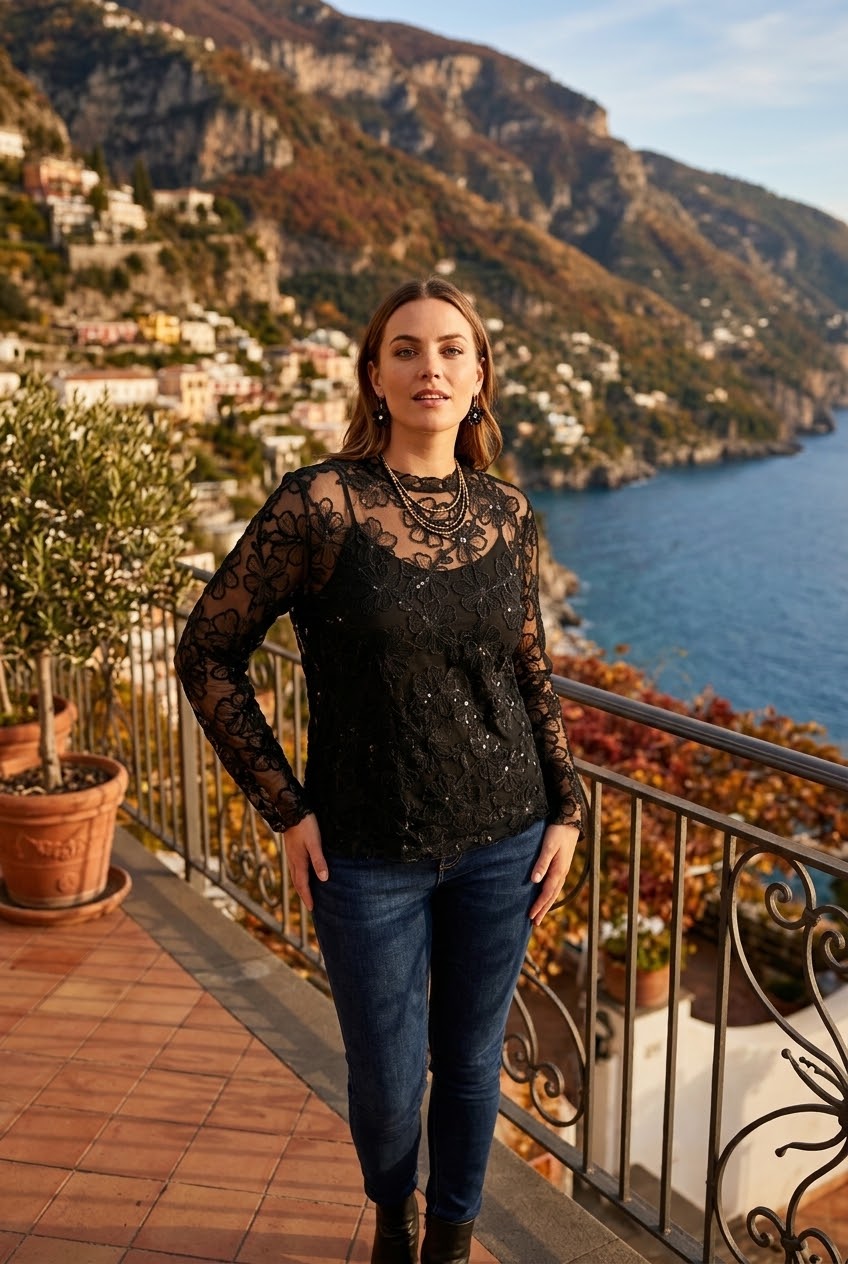 FLORAL SEQUIN DETAIL MESH TOP
