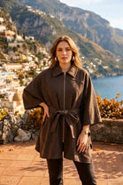 FRONT-ZIP CAPE JACKET WITH TIE BELT
