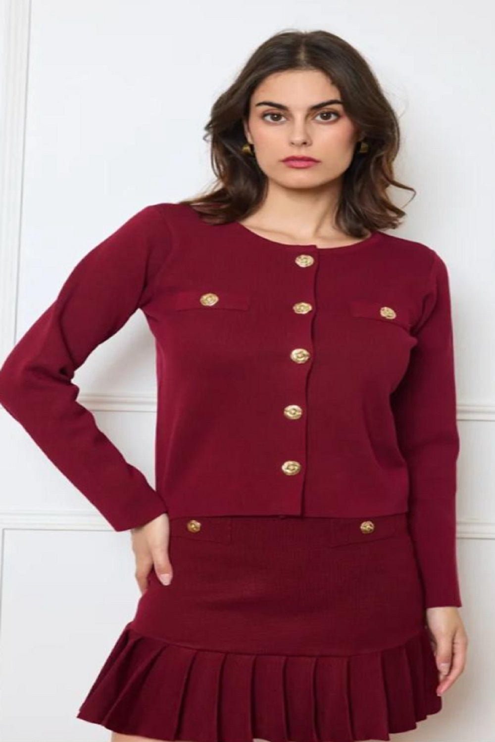 ADRIENE GOLD POPPER BUTTON KNITTED CARDIGAN (15225027789184) (15257382977920)