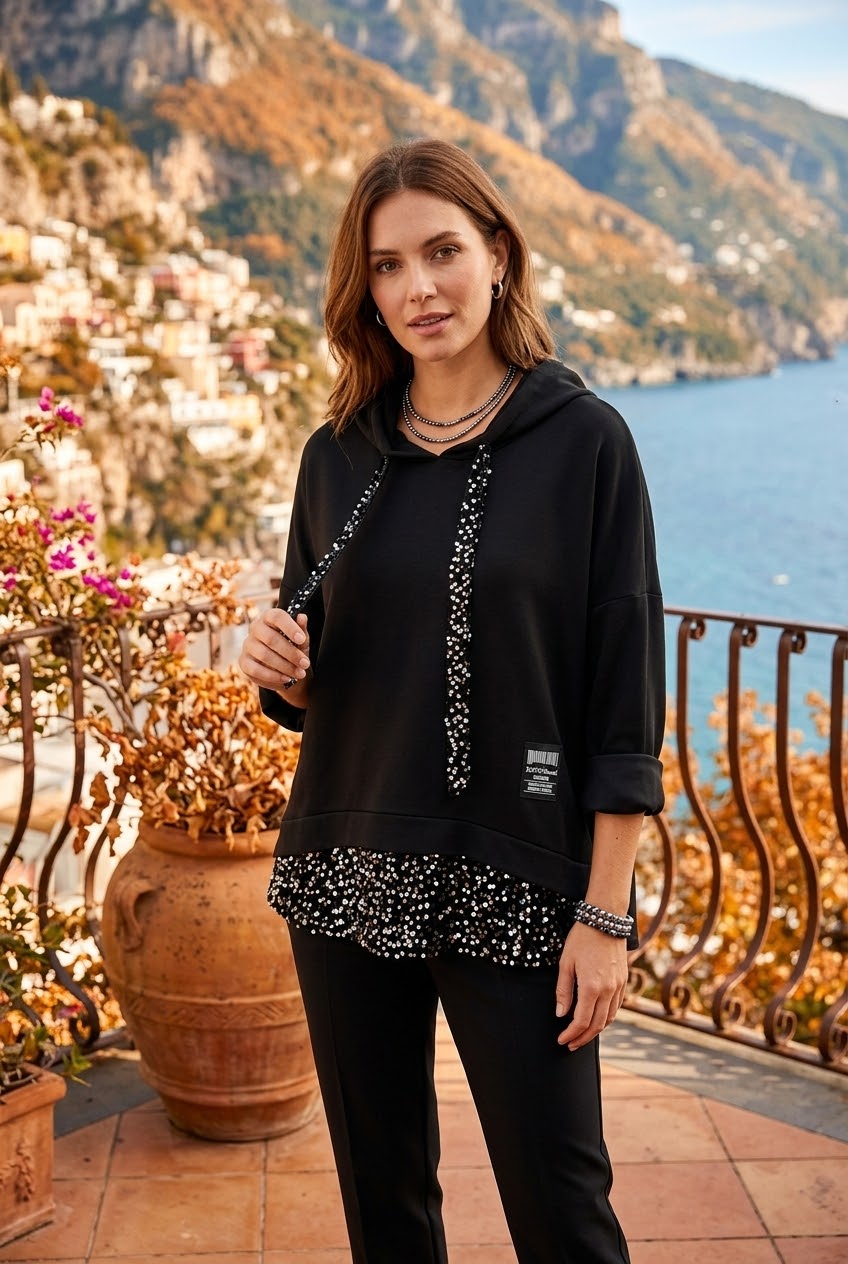 SEQUIN STRING DETAIL SWEAT HOODIE