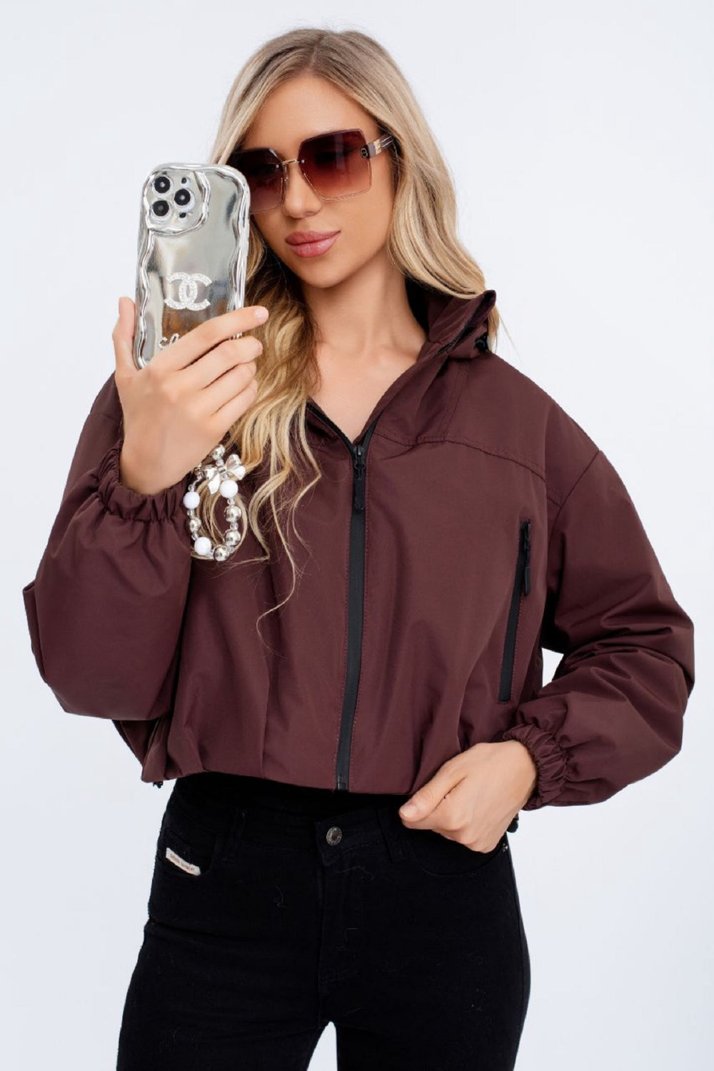 Zip detail hooded raincoat (15255297982848)