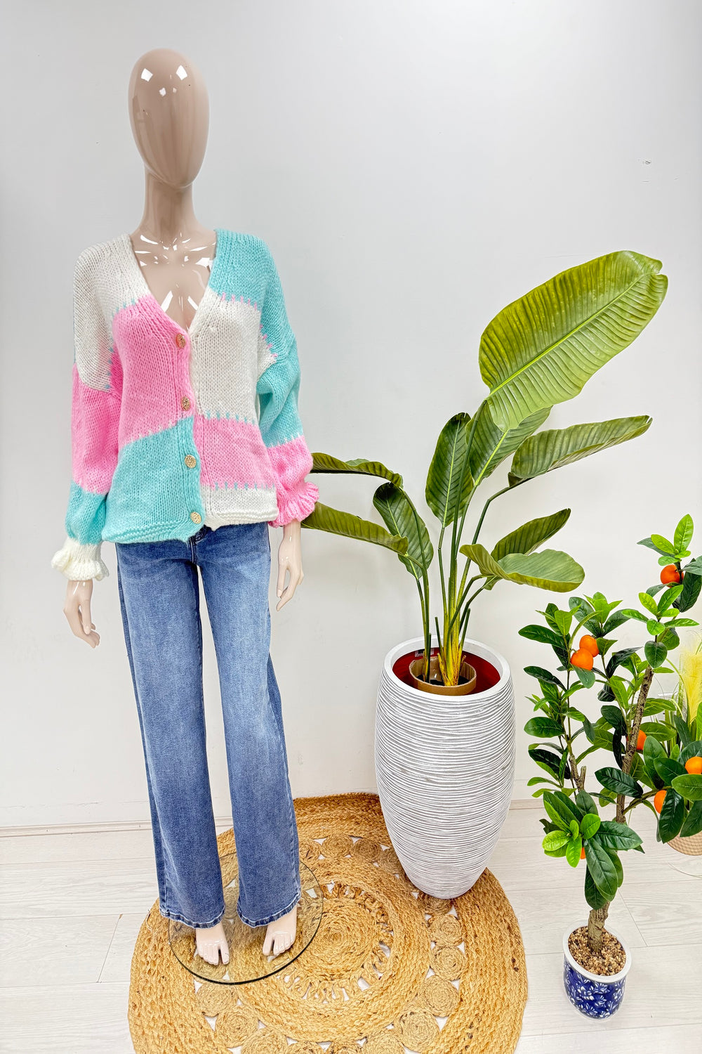 Colour block frill sleeve cardiagn (15258374504832)