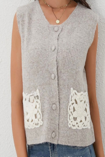 Crochet pocket detail knit top (15255281369472) (15264708755840)