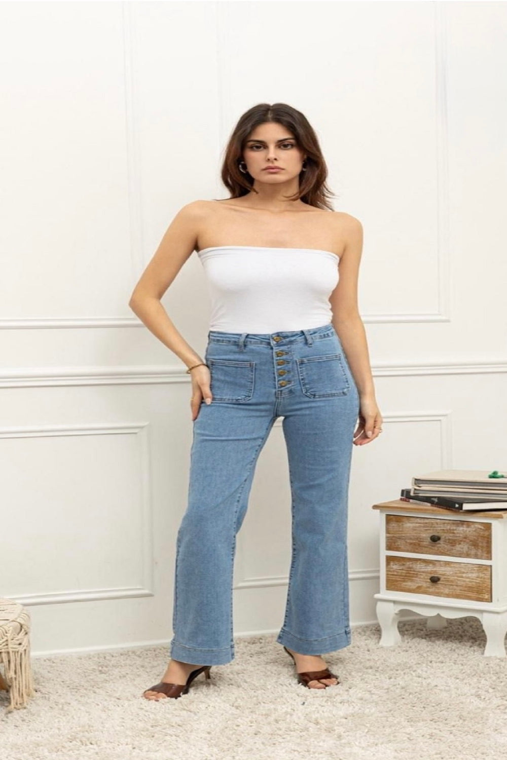 Button Detail flare Jeans (15255323705728)
