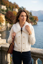 FUR-COLLAR ZI-UP GOLD BUTTON CARDIGAN