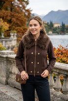 FUR-COLLAR ZI-UP GOLD BUTTON CARDIGAN