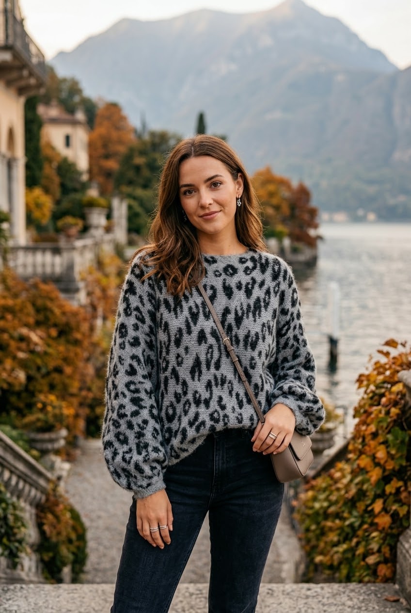 OVERSIZED ADJUSTABLE BUBBLE SLEEVE LEOPARD PRINT JUMPER