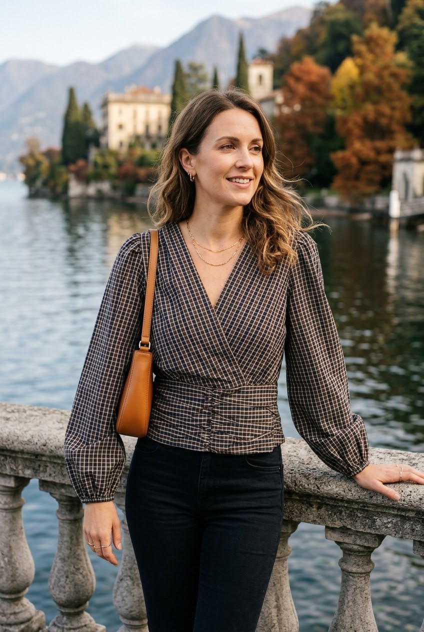 CHECK V-NECK WRAP BLOUSE