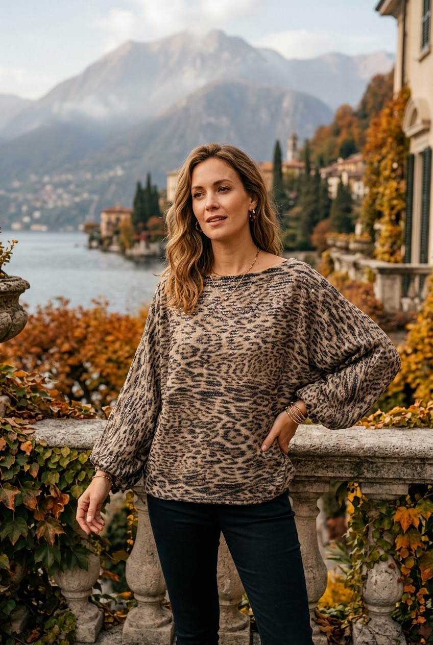 ANIMAL PRINT SEQUIN BALLOON SLEEVE BLOUSE