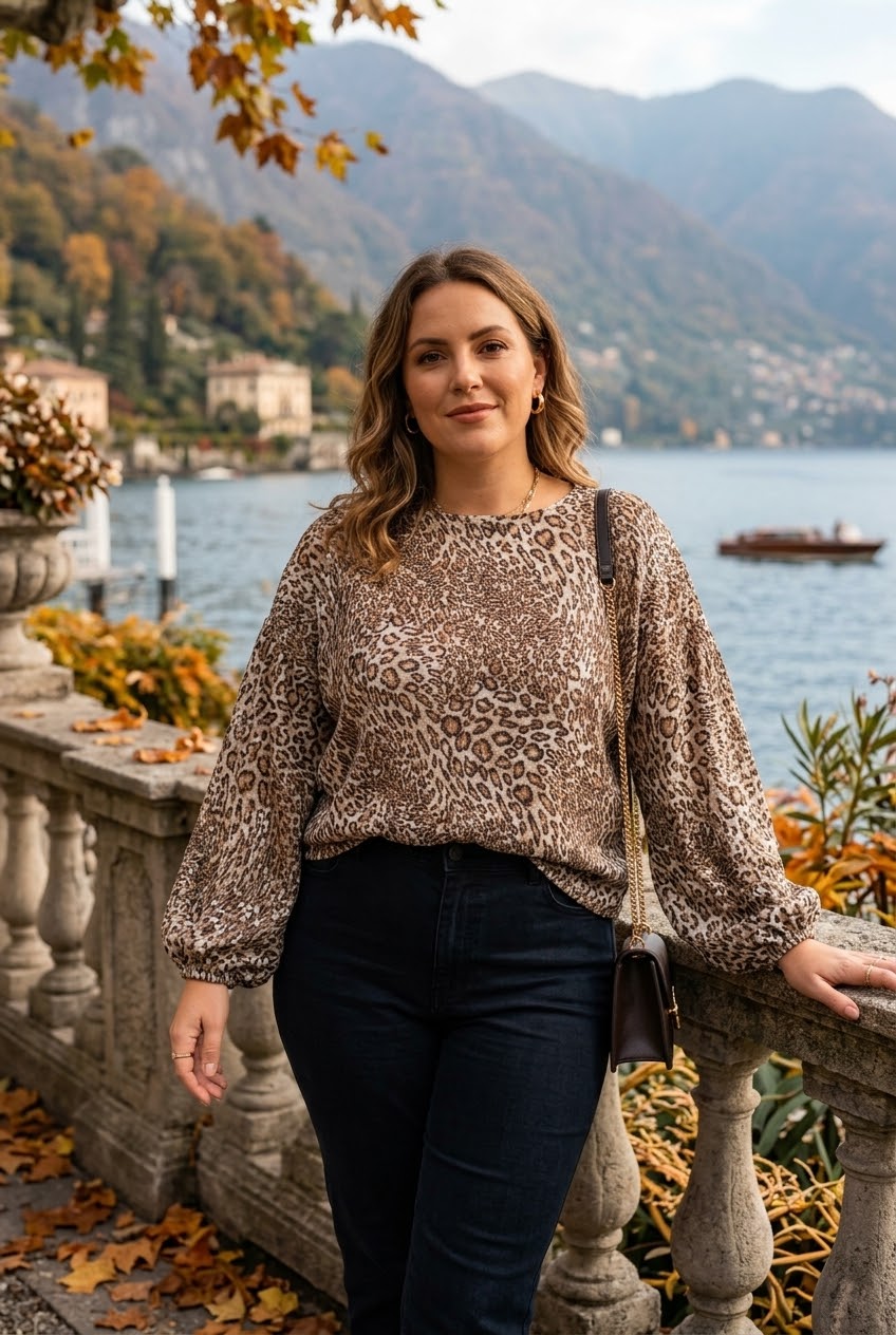 ANIMAL PRINT SEQUIN BALLOON SLEEVE BLOUSE