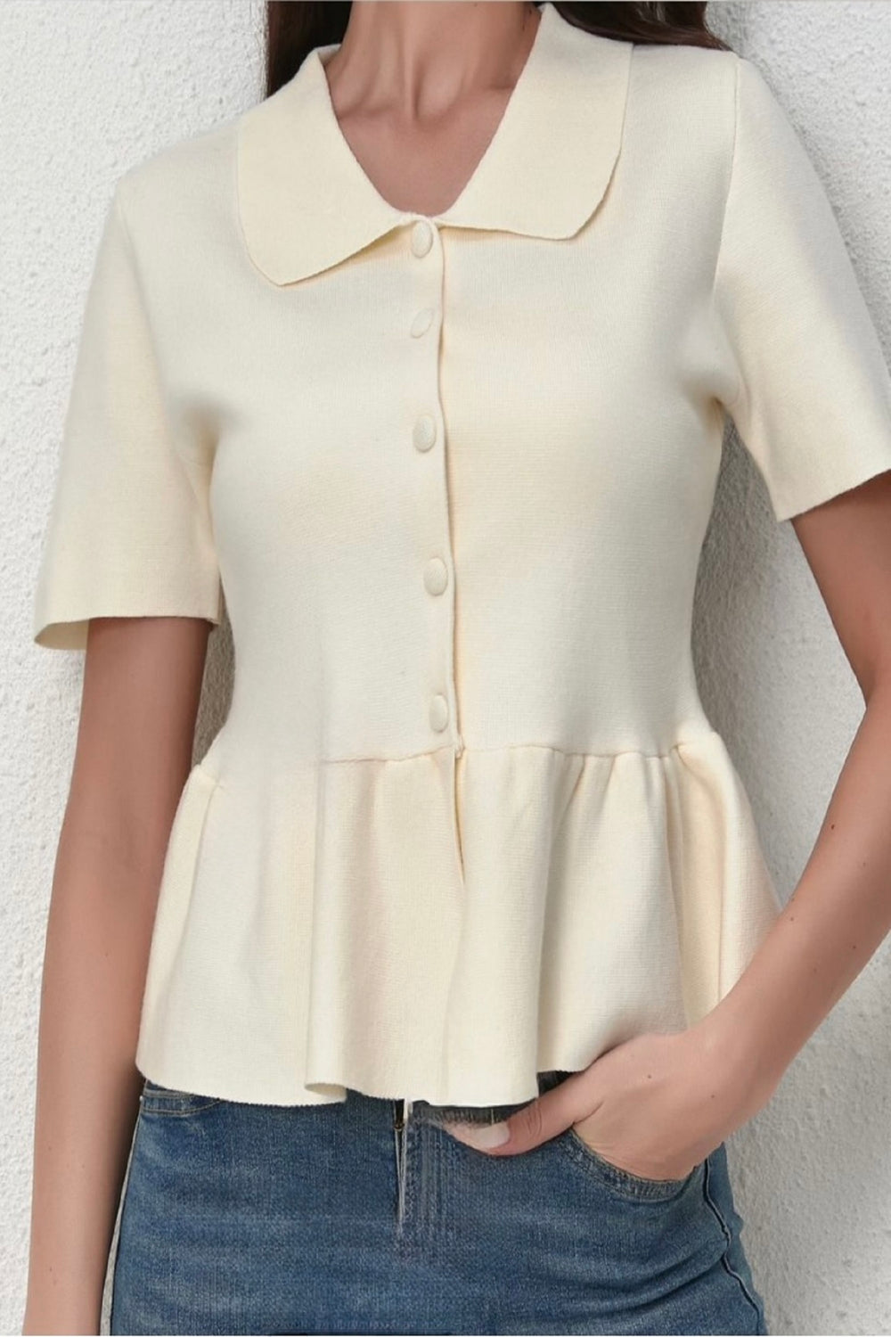 Peplum button detail collar top (15266349908352)