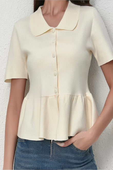 Peplum button detail collar top (15266349908352)