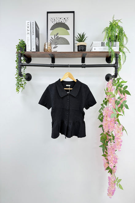 Peplum button detail collar top (15266350301568)