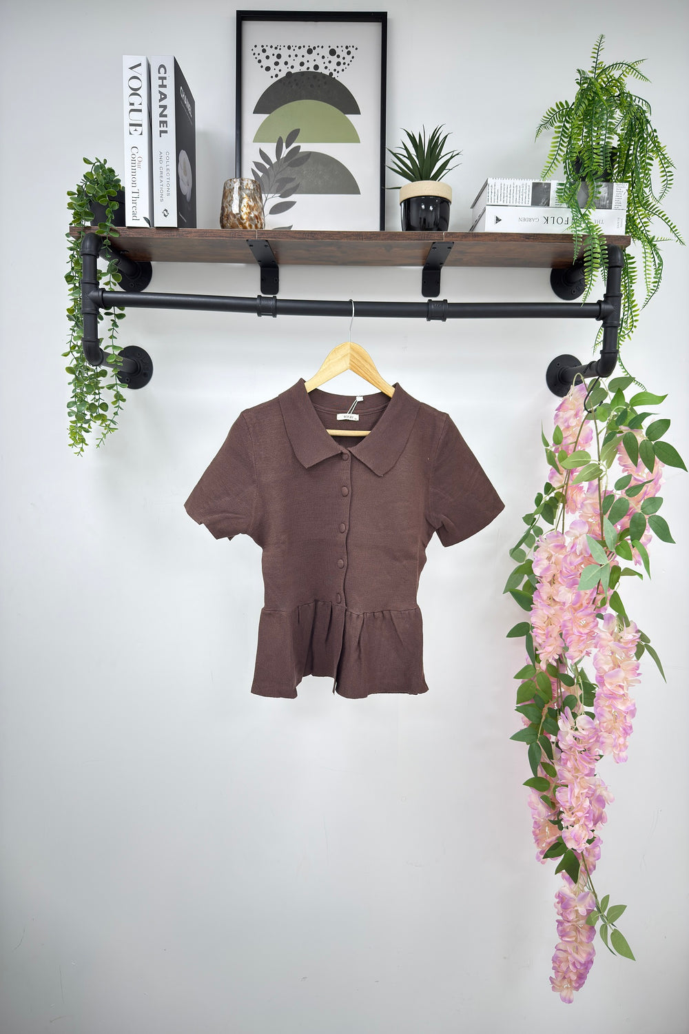 Peplum button detail collar top (15266350989696)